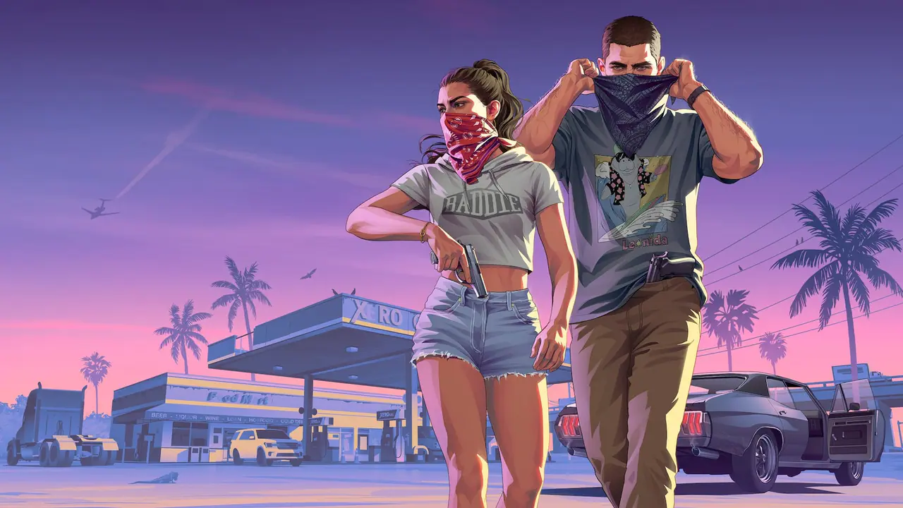 Illustrated artwork: Jason and Lucia pulling bandanas over their faces as they walk away from a gas station