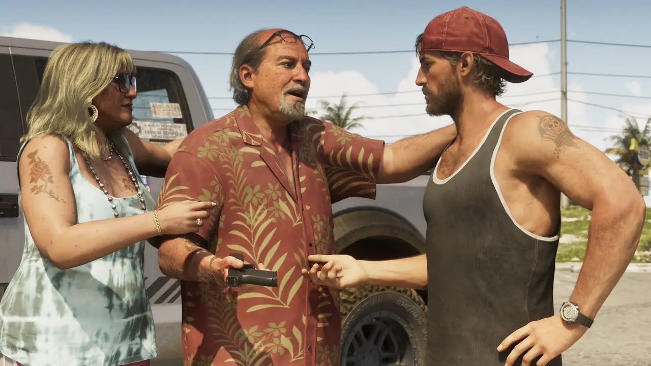 Brian Heder in a red floral shirt talking with a man in a red cap beside a pickup, a woman holding his arm