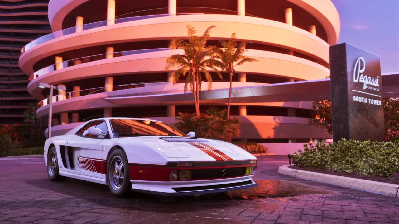 The white '95 Grotti Cheetah with red stripes parked outside a curved Vice City tower at dusk
