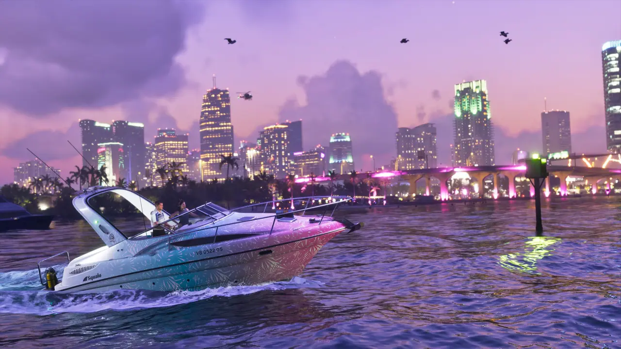 The Shitzu Squalo speedboat cruising past the Vice City skyline at dusk