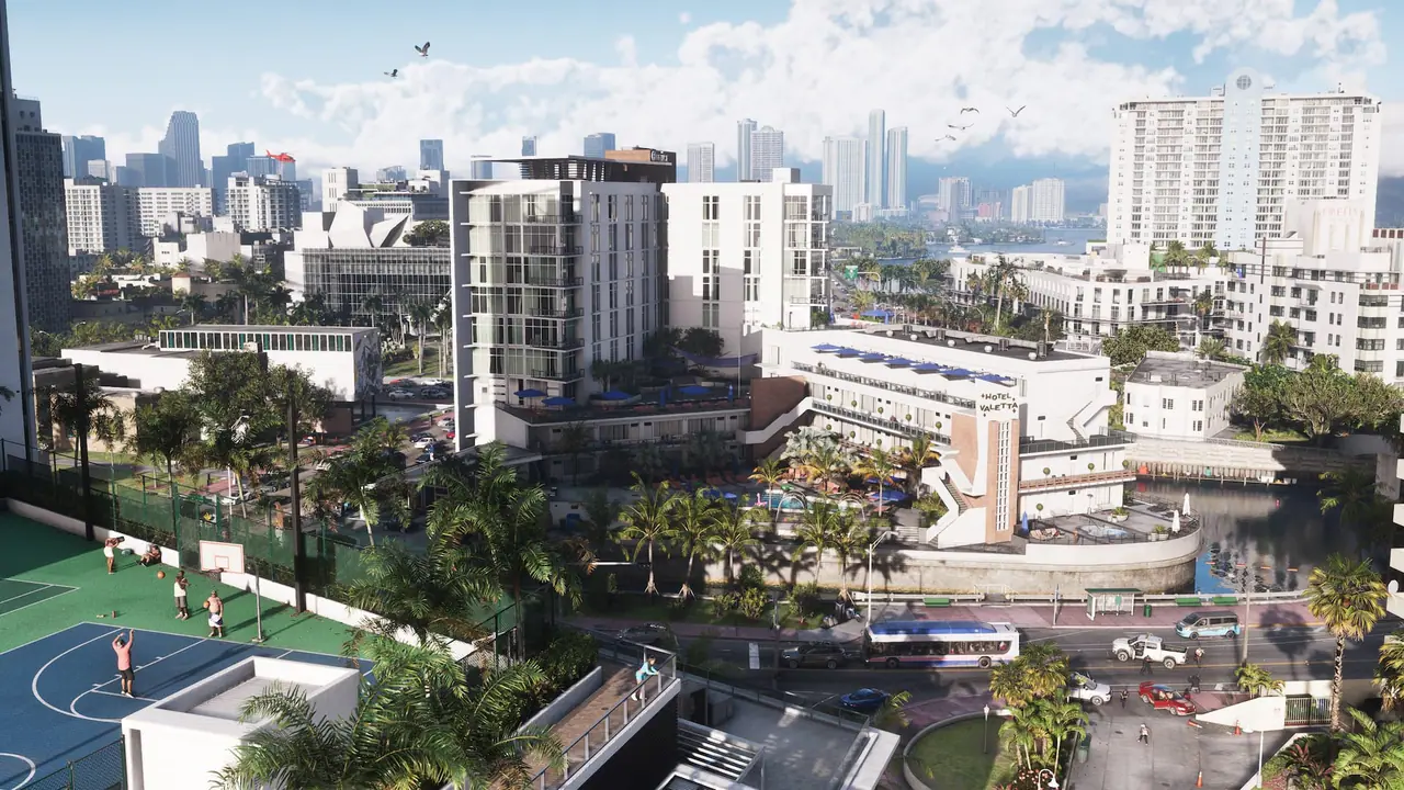 Daytime view over Vice City: Art Deco hotels, basketball courts and the downtown skyline